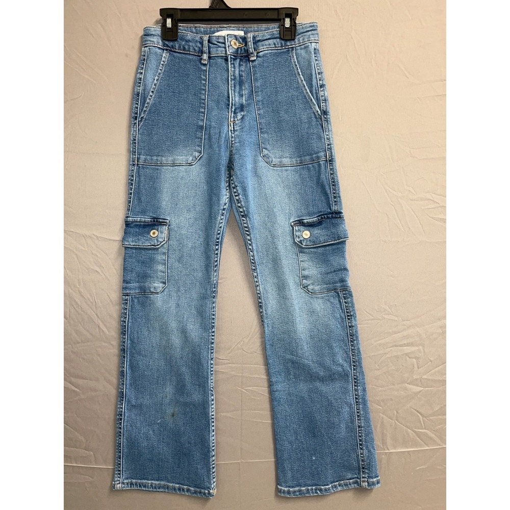 Zara Cargo Jeans Girls 11-12 Blue Denim Cotton Stretch Medium‎ Wash Straight Leg